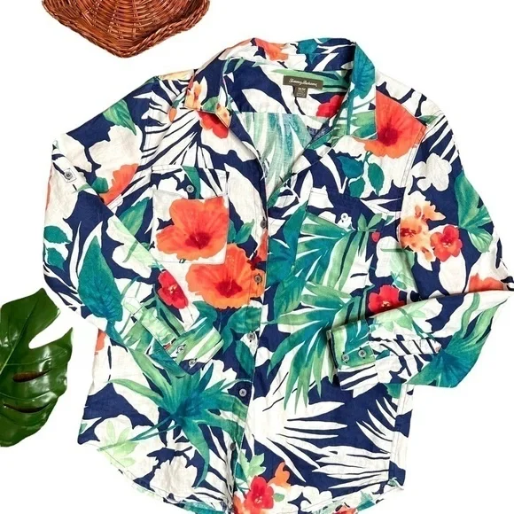 Tommy Bahama Victoria Bloom Floral Tropical Long Sleeve Palm Leaf Blouse Medium - Picture 13 of 13
